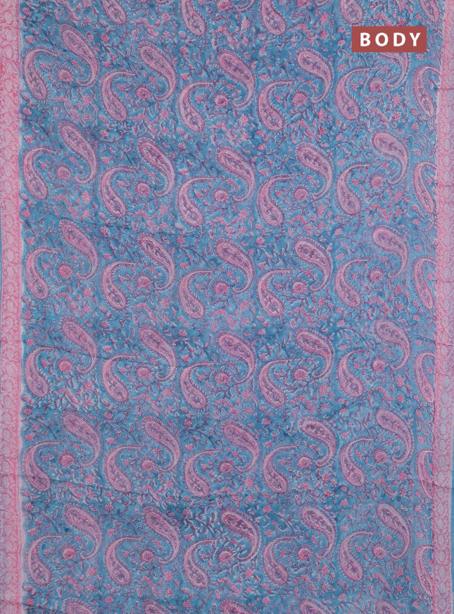 Georgette saree teal blue and light pink with allover block prints and printed border