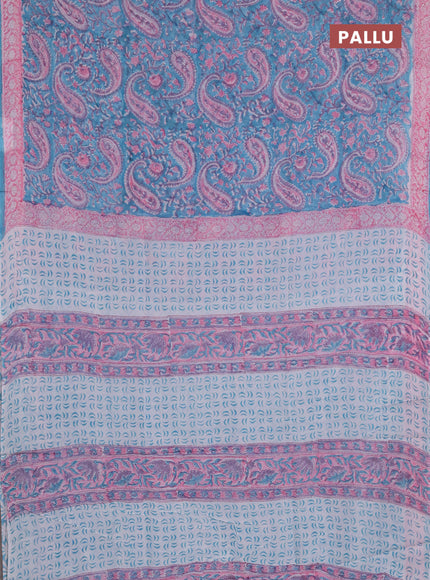 Georgette saree teal blue and light pink with allover block prints and printed border