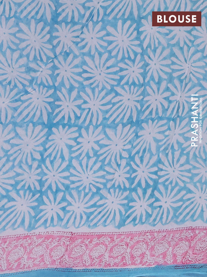 Georgette saree teal blue and light pink with allover block prints and printed border