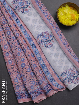 Georgette saree pastel peach and blue with allover block prints and printed border