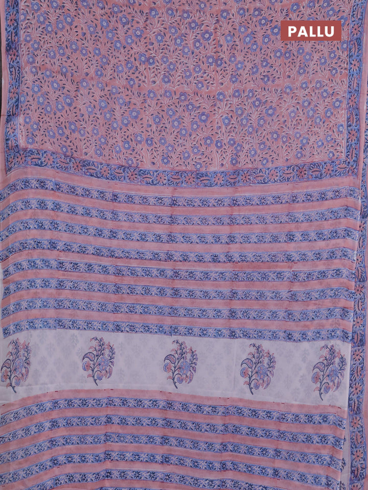 Georgette saree pastel peach and blue with allover block prints and printed border