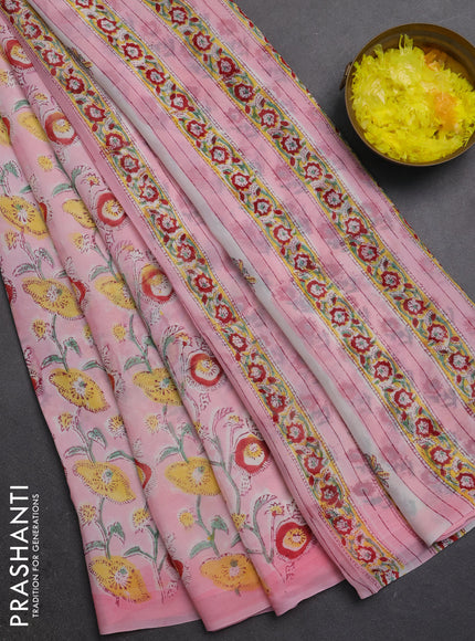 Georgette saree baby pink with allover kalamkari block prints and printed border
