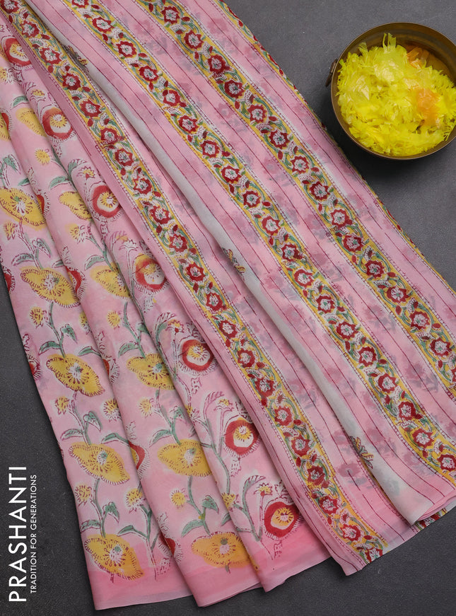 Georgette saree baby pink with allover kalamkari block prints and printed border