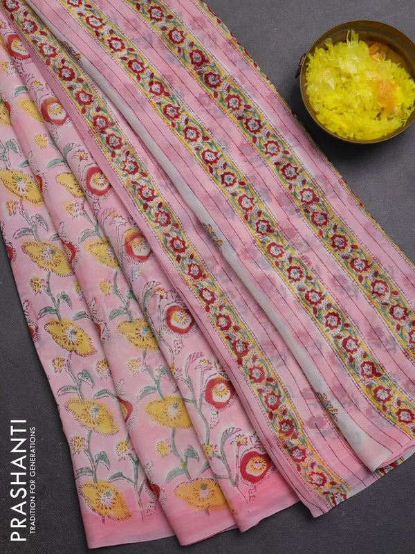 Georgette saree baby pink with allover kalamkari block prints and printed border