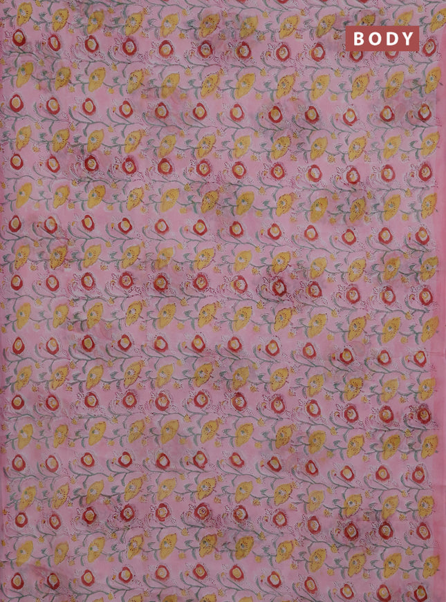 Georgette saree baby pink with allover kalamkari block prints and printed border