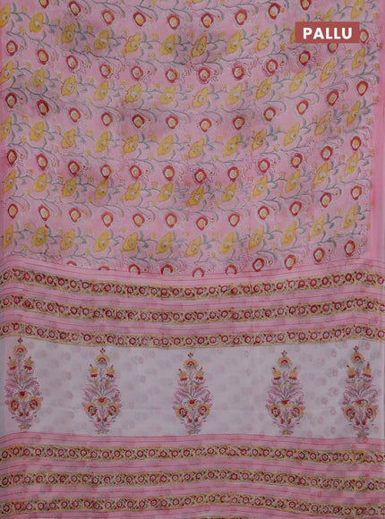 Georgette saree baby pink with allover kalamkari block prints and printed border