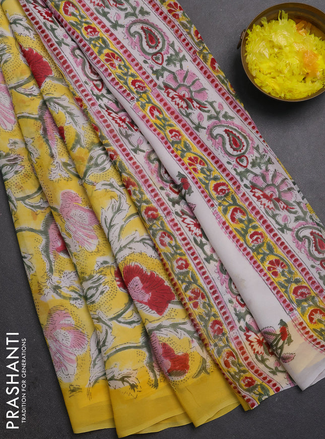 Georgette saree yellow with allover kalamkari block prints and printed border