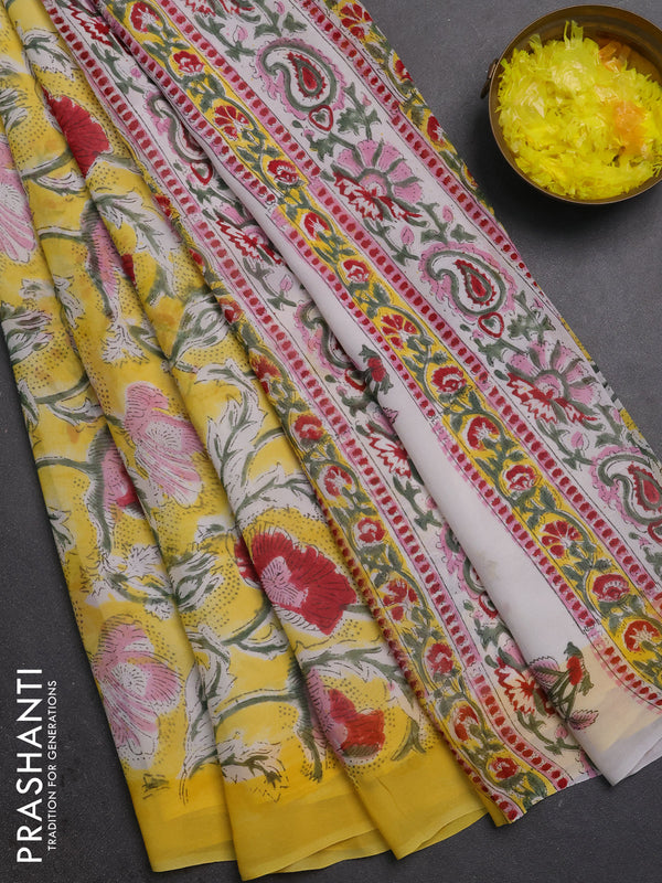 Georgette saree yellow with allover kalamkari block prints and printed border