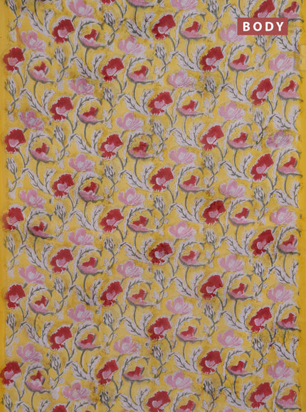 Georgette saree yellow with allover kalamkari block prints and printed border