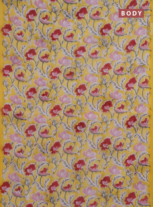Georgette saree yellow with allover kalamkari block prints and printed border