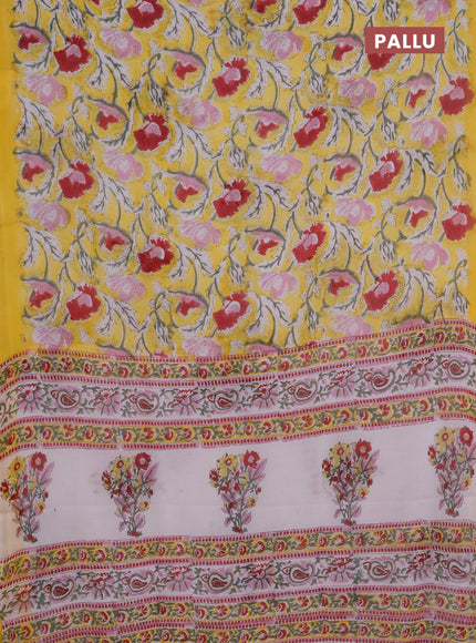 Georgette saree yellow with allover kalamkari block prints and printed border