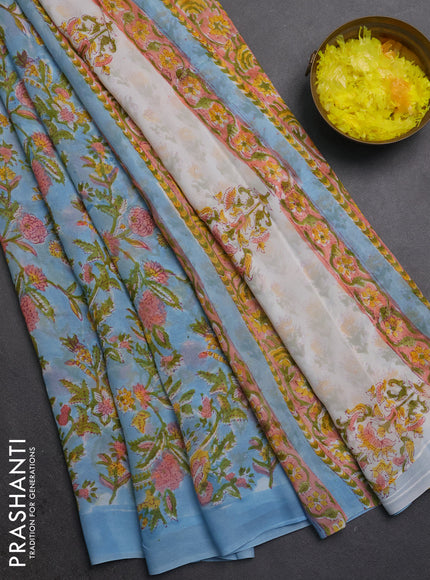 Georgette saree pastel blue with allover kalamkari block prints and printed border
