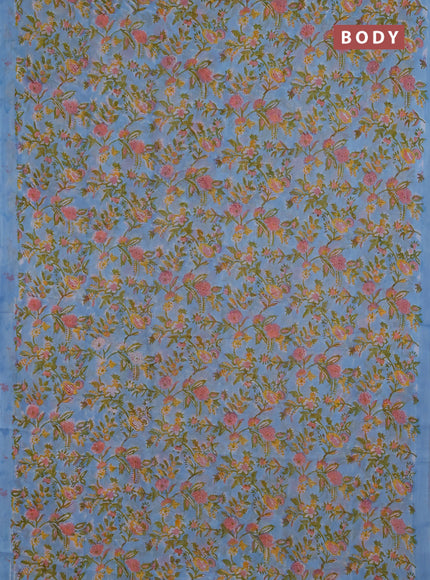 Georgette saree pastel blue with allover kalamkari block prints and printed border