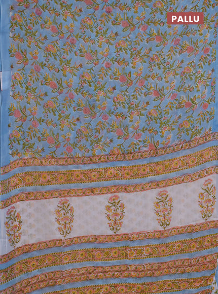 Georgette saree pastel blue with allover kalamkari block prints and printed border