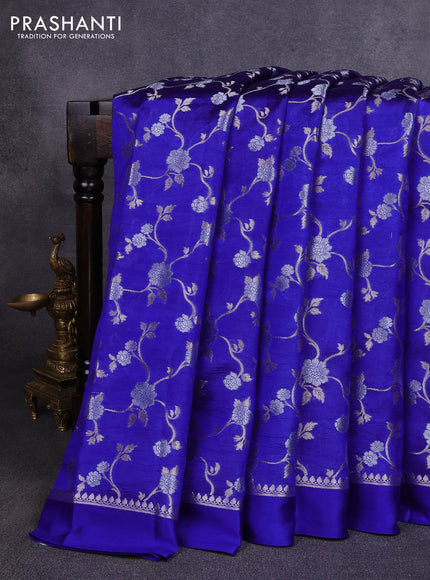 Poona silk saree royal blue with allover silver zari weaves and simple border