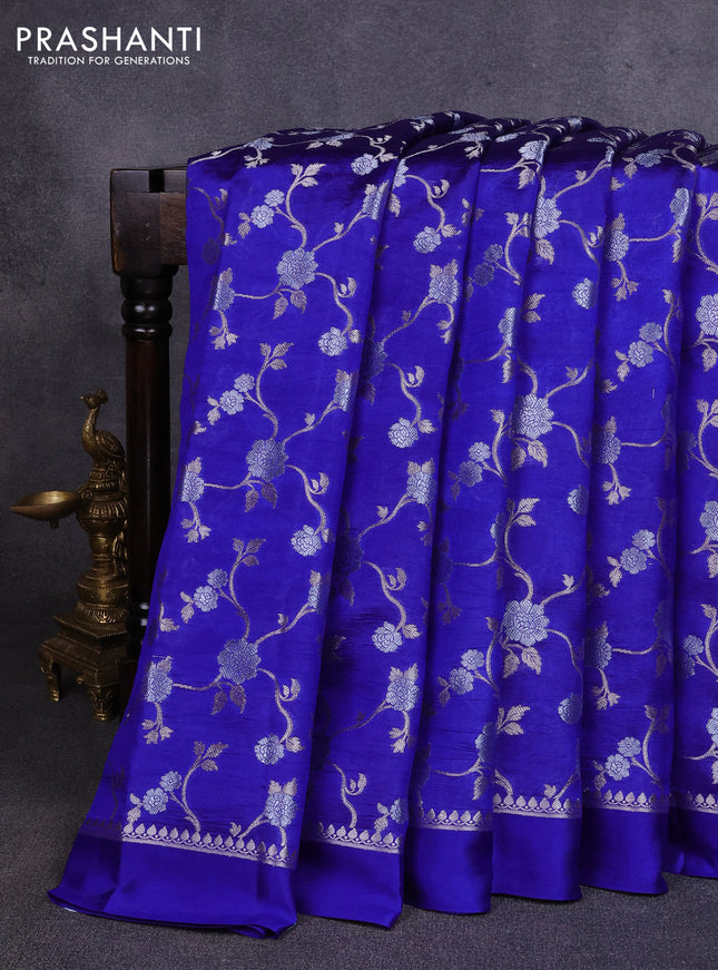 Poona silk saree royal blue with allover silver zari weaves and simple border