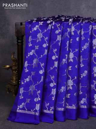 Poona silk saree royal blue with allover silver zari weaves and simple border