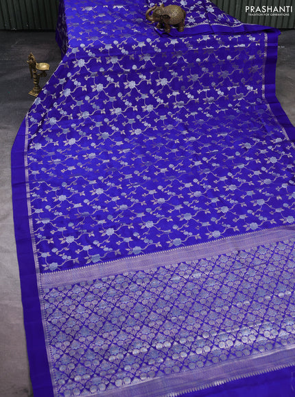 Poona silk saree royal blue with allover silver zari weaves and simple border