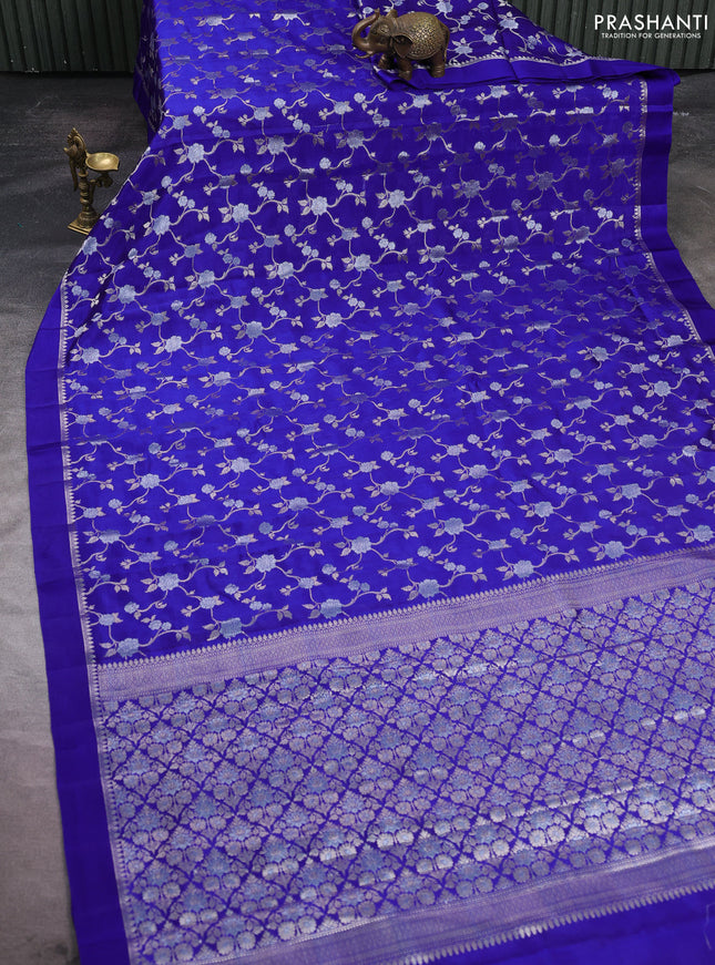 Poona silk saree royal blue with allover silver zari weaves and simple border
