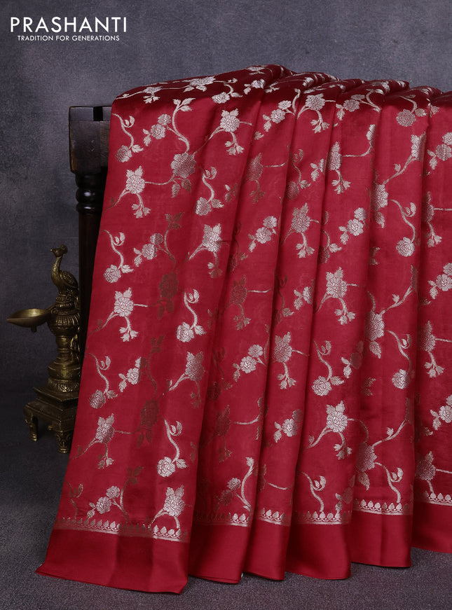Poona silk saree red with allover silver zari weaves and simple border