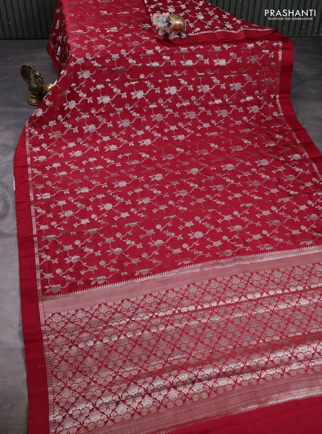Poona silk saree red with allover silver zari weaves and simple border