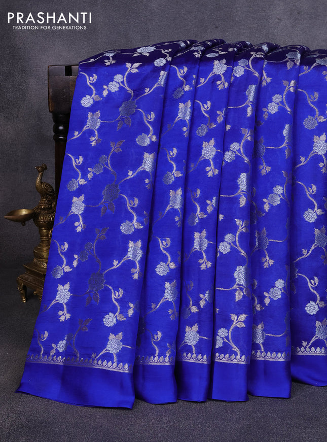 Poona silk saree royal blue with allover silver zari weaves and simple border