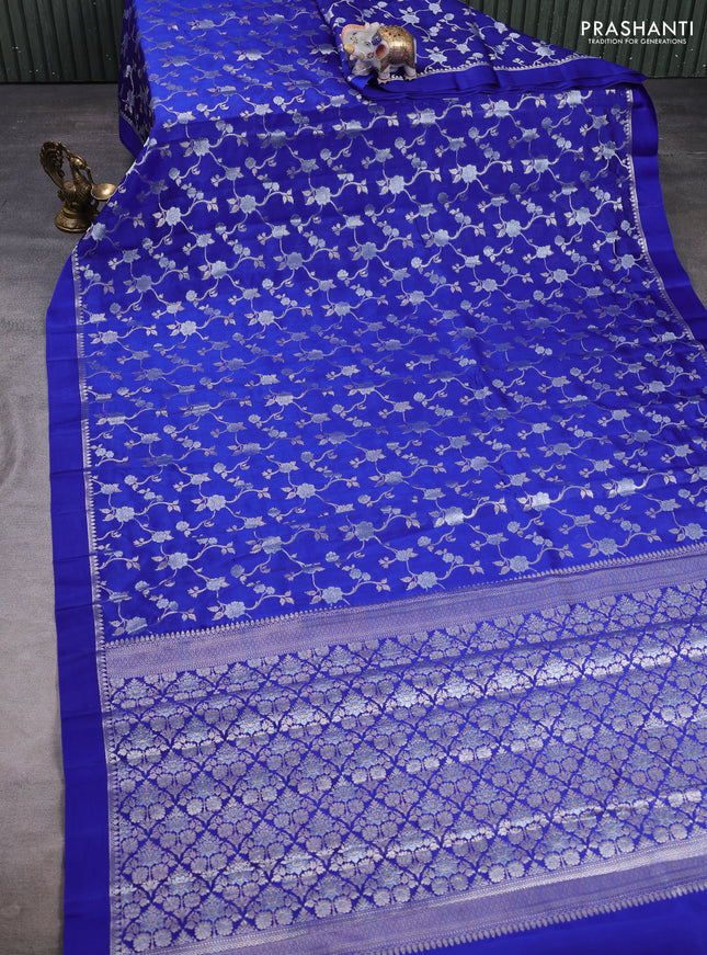 Poona silk saree royal blue with allover silver zari weaves and simple border