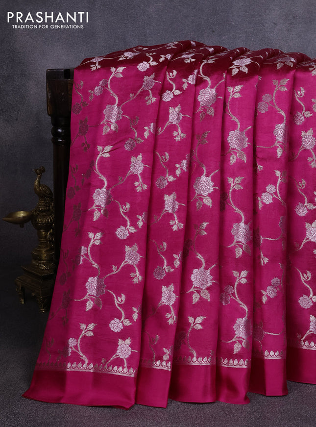 Poona silk saree pink with allover silver zari weaves and simple border