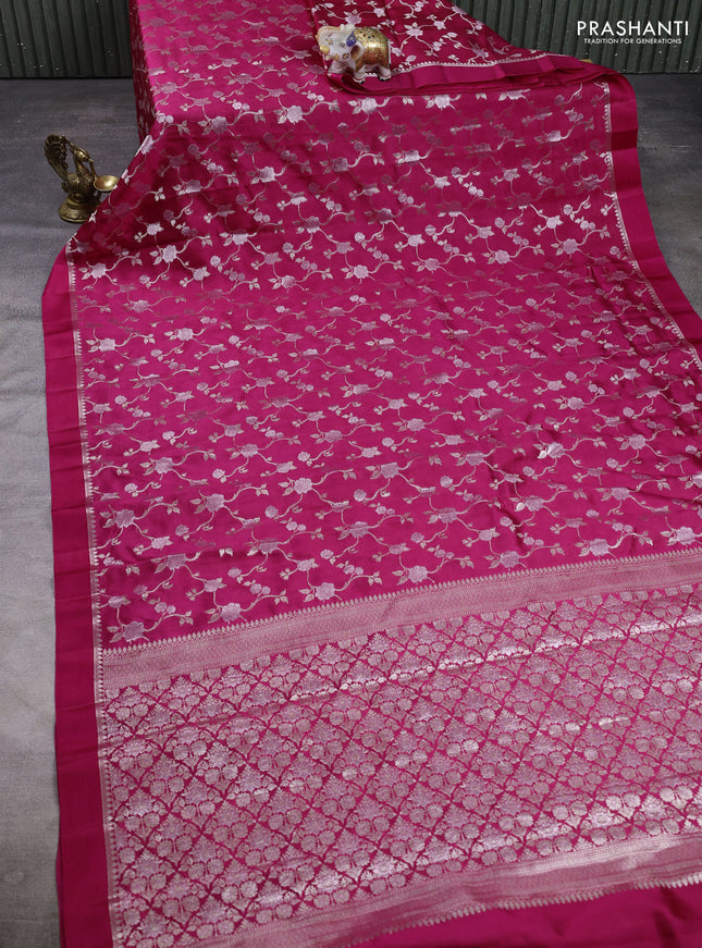 Poona silk saree pink with allover silver zari weaves and simple border