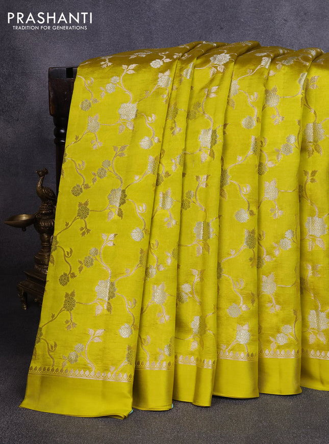 Poona silk saree lime green with allover silver zari weaves and simple border