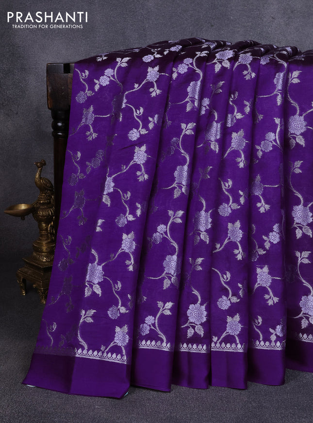 Poona silk saree violet with allover silver zari weaves and simple border