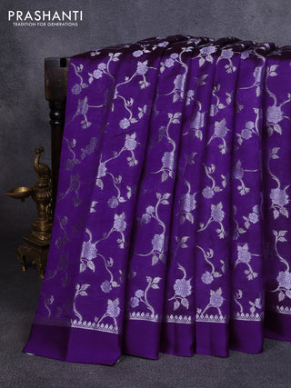 Poona silk saree violet with allover silver zari weaves and simple border
