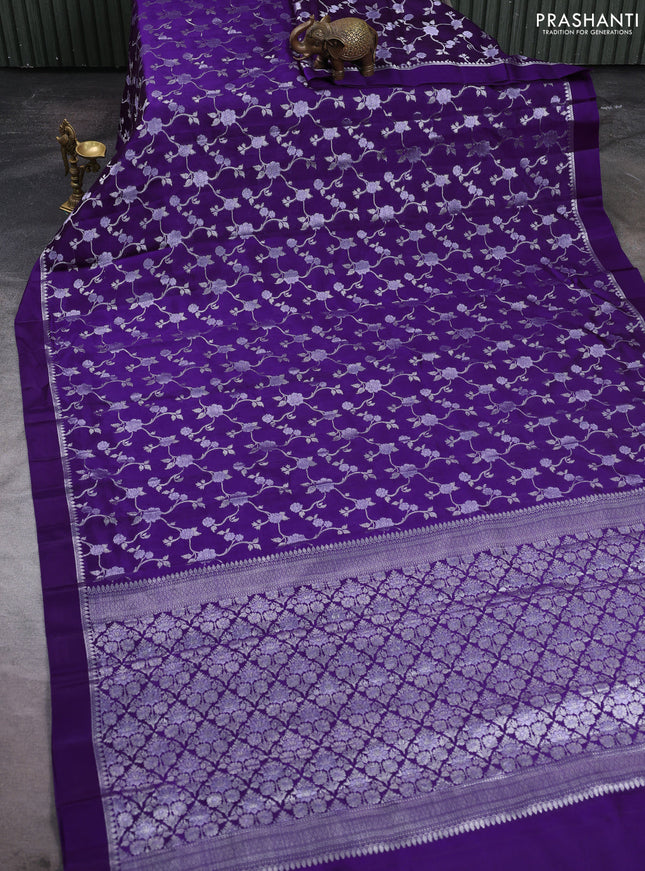 Poona silk saree violet with allover silver zari weaves and simple border