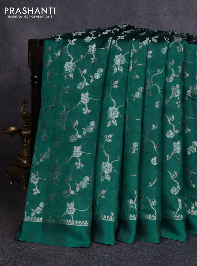 Poona silk saree teal green with allover silver zari weaves and simple border