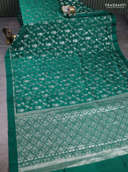 Poona silk saree teal green with allover silver zari weaves and simple border