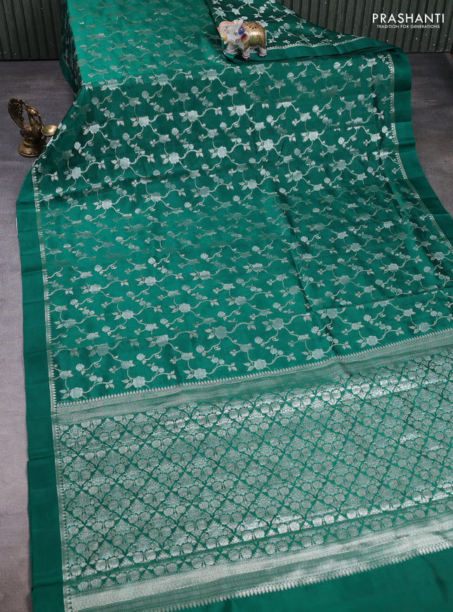 Poona silk saree teal green with allover silver zari weaves and simple border