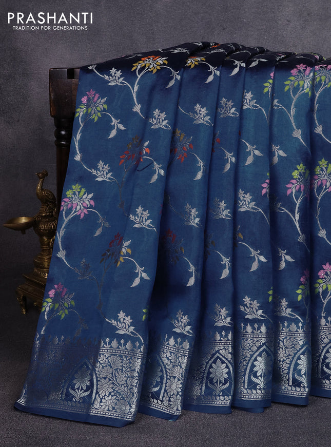 Poona silk saree peacock blue with allover thread & zari weaves and zari woven border