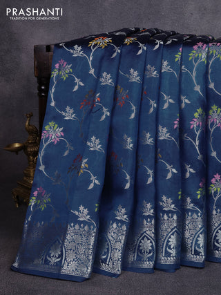 Poona silk saree peacock blue with allover thread & zari weaves and zari woven border