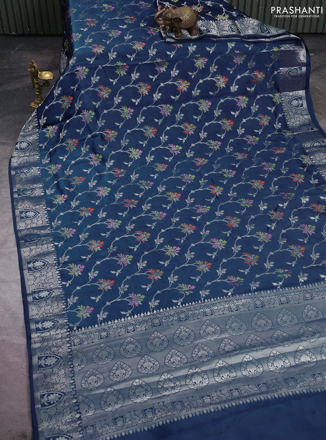 Poona silk saree peacock blue with allover thread & zari weaves and zari woven border