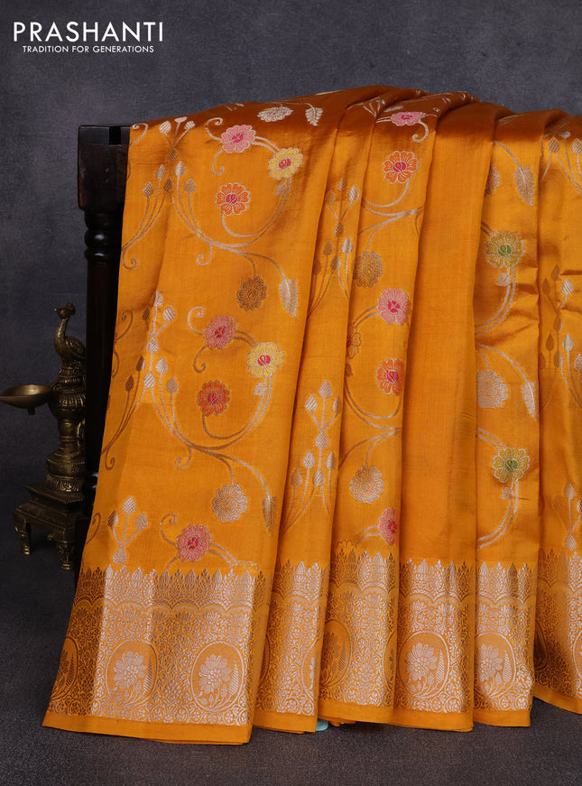 Poona silk saree mango yellow with allover thread & zari weaves and zari woven border