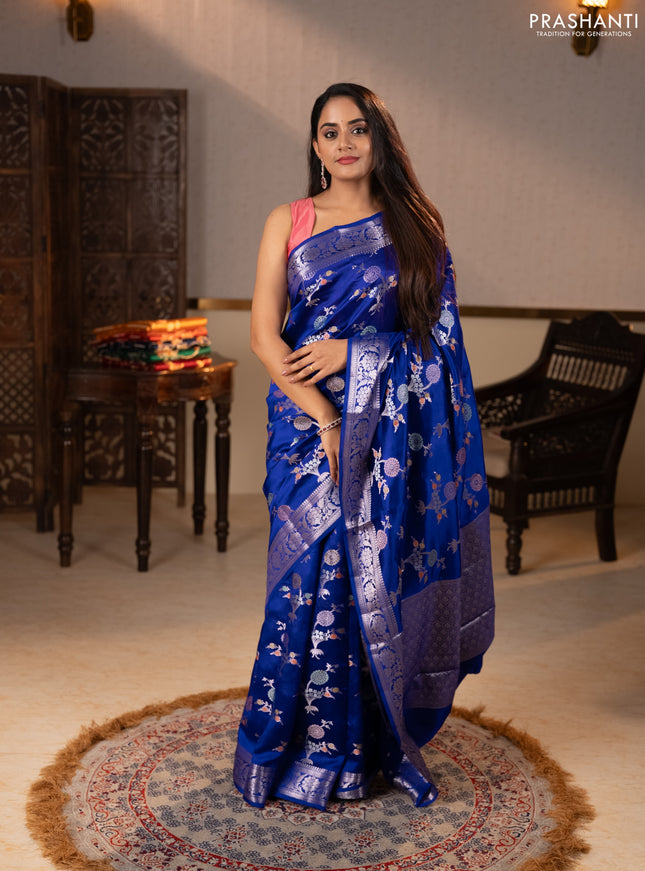 Poona silk saree royal blue with allover thread & zari weaves and zari woven border