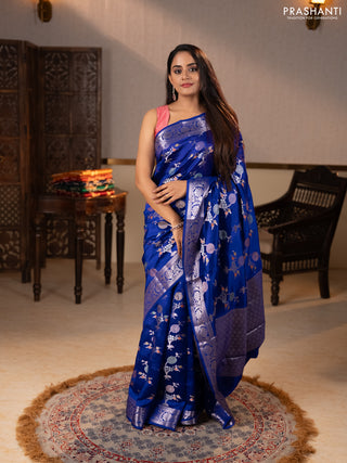 Poona silk saree royal blue with allover thread & zari weaves and zari woven border
