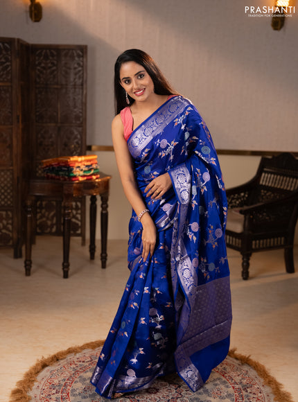 Poona silk saree royal blue with allover thread & zari weaves and zari woven border
