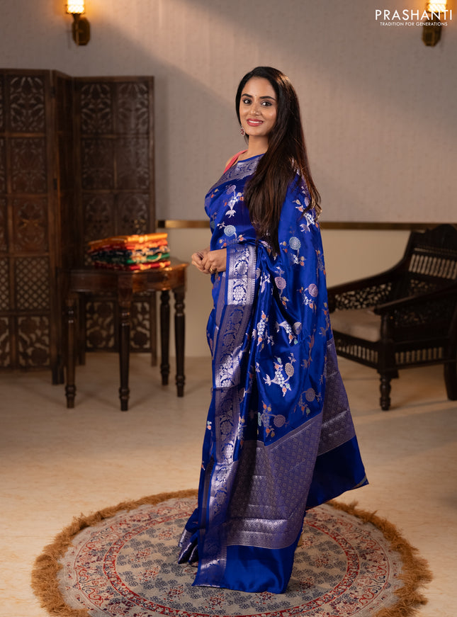 Poona silk saree royal blue with allover thread & zari weaves and zari woven border