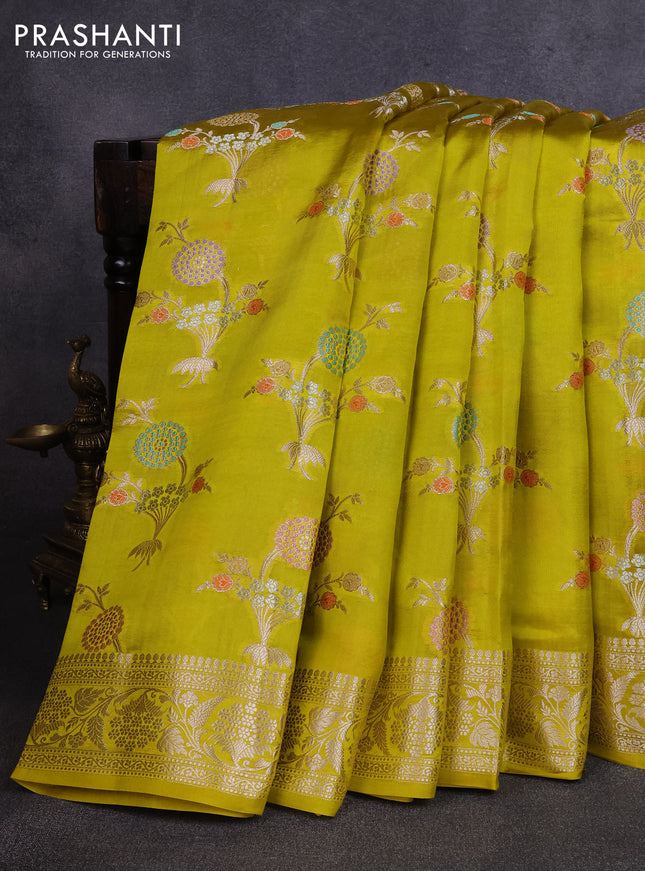 Poona silk saree lime green with allover thread & zari weaves and zari woven border