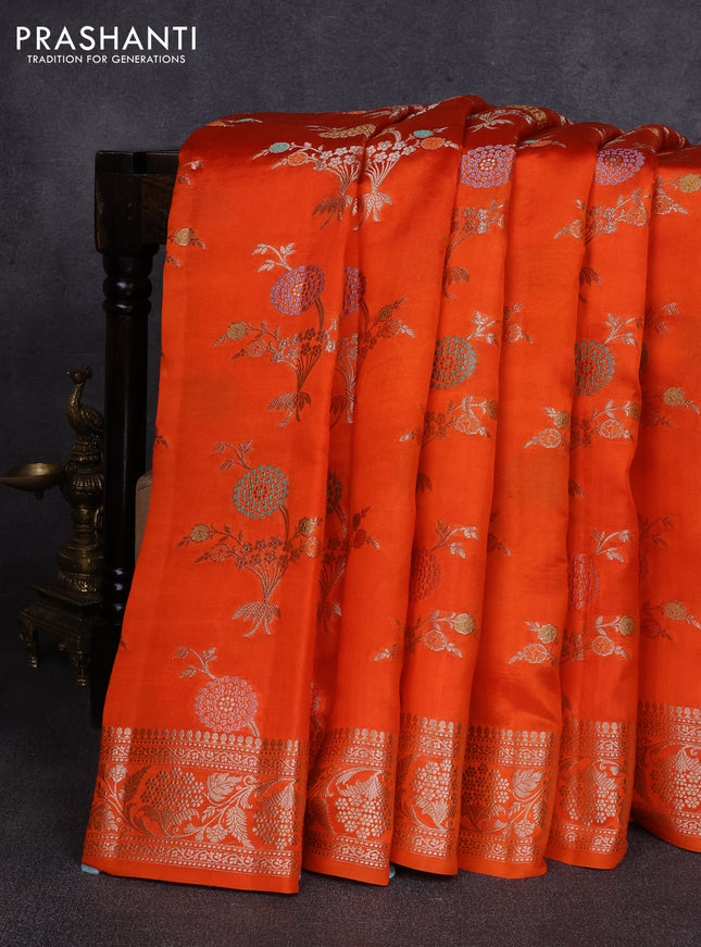 Poona silk saree orange with allover thread & zari weaves and zari woven border