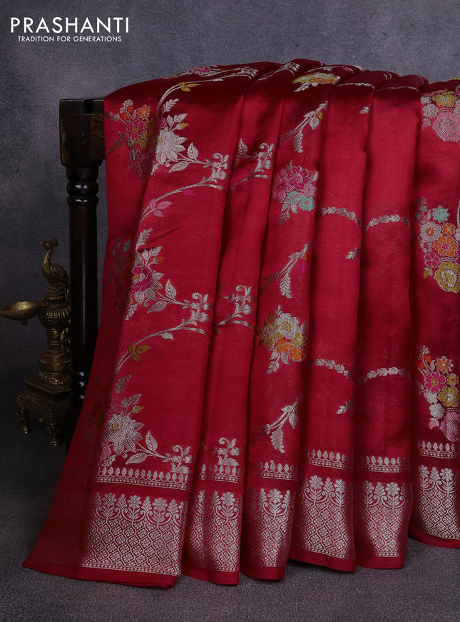 Poona silk saree red with allover thread & zari weaves and zari woven border
