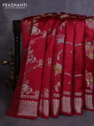 Poona silk saree red with allover thread & zari weaves and zari woven border