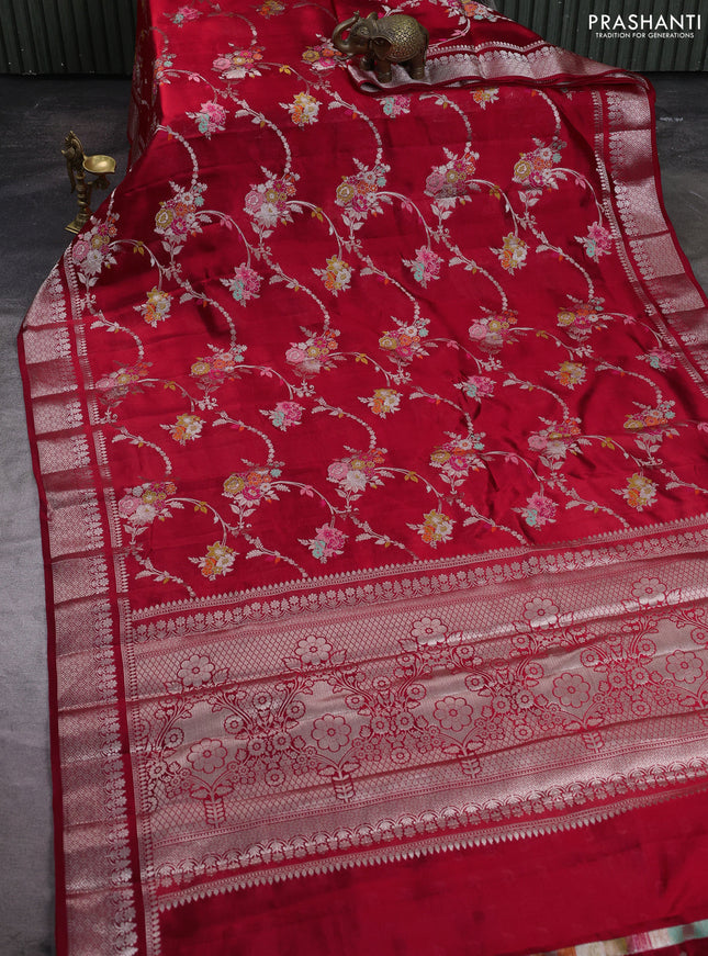 Poona silk saree red with allover thread & zari weaves and zari woven border