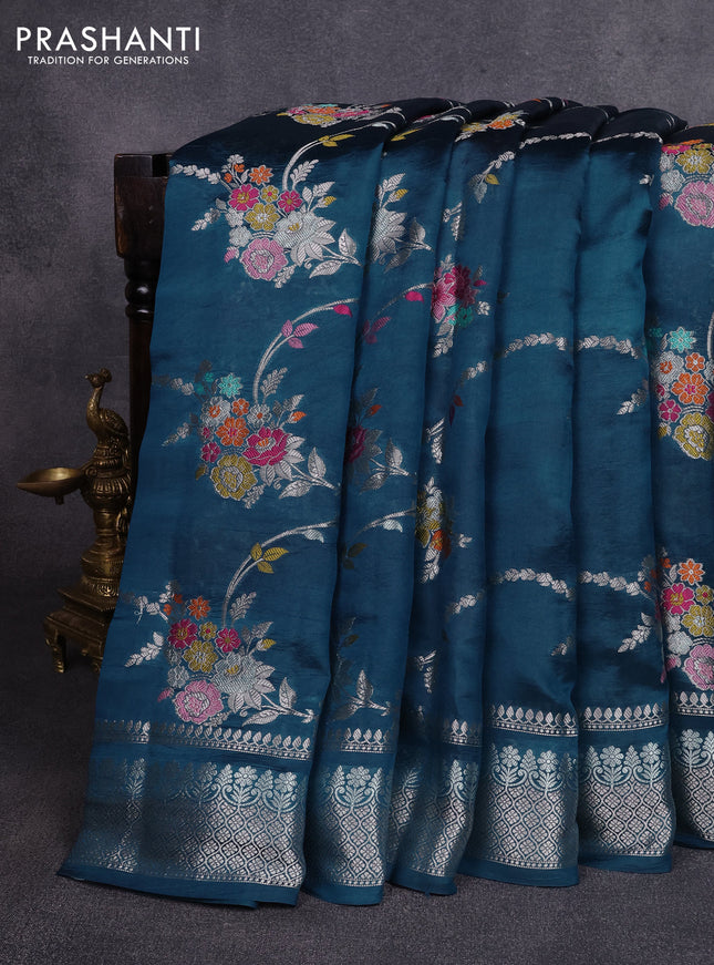 Poona silk saree peacock green with allover thread & zari weaves and zari woven border